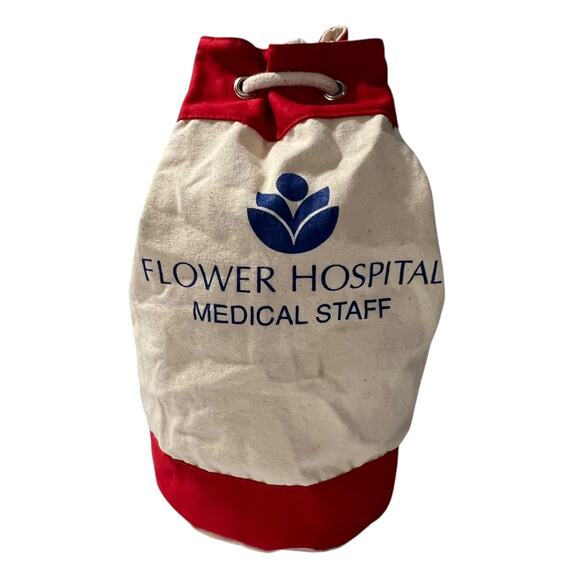 Flower Hospital Medical Staff Canvas Duffle Bag Red Cream Drawstring - Picture 8 of 13